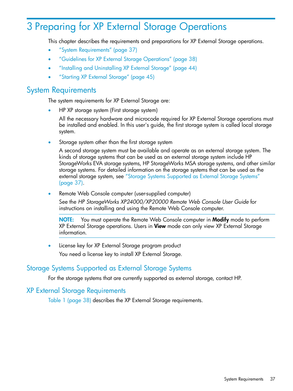 3 preparing for xp external storage operations, System requirements, Xp external storage requirements | HP XP External Storage Software User Manual | Page 37 / 170
