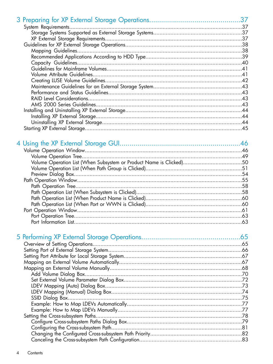 3 preparing for xp external storage operations, 4 using the xp external storage gui, 5 performing xp external storage operations | HP XP External Storage Software User Manual | Page 4 / 170