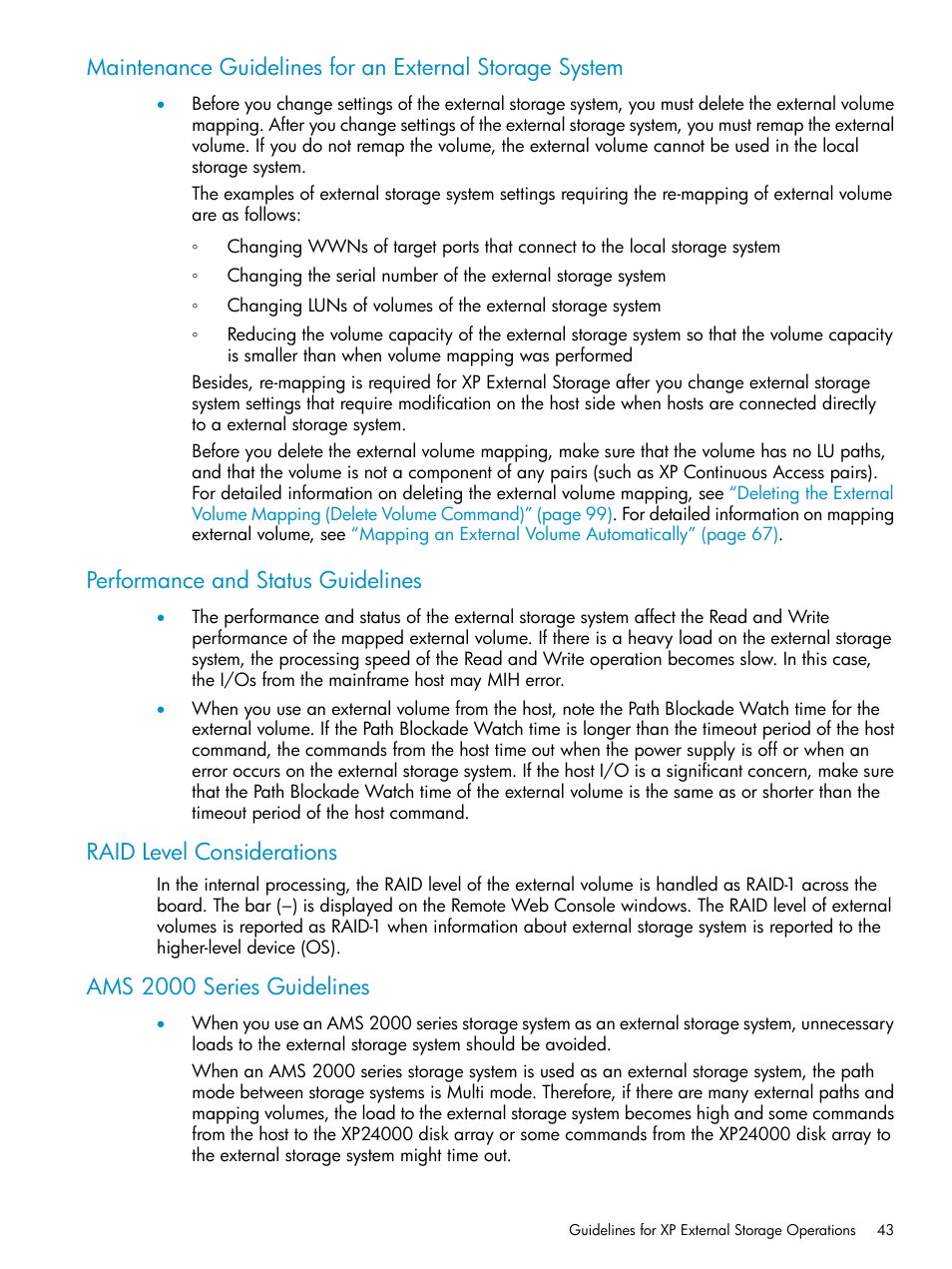 Performance and status guidelines, Raid level considerations, Ams 2000 series guidelines | HP XP External Storage Software User Manual | Page 43 / 170