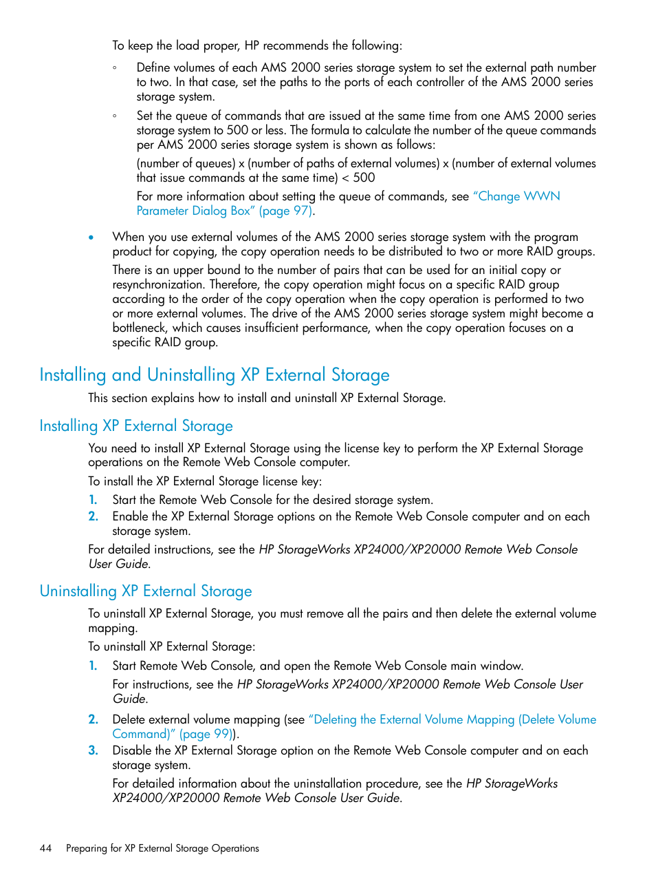 Installing and uninstalling xp external storage, Installing xp external storage, Uninstalling xp external storage | HP XP External Storage Software User Manual | Page 44 / 170