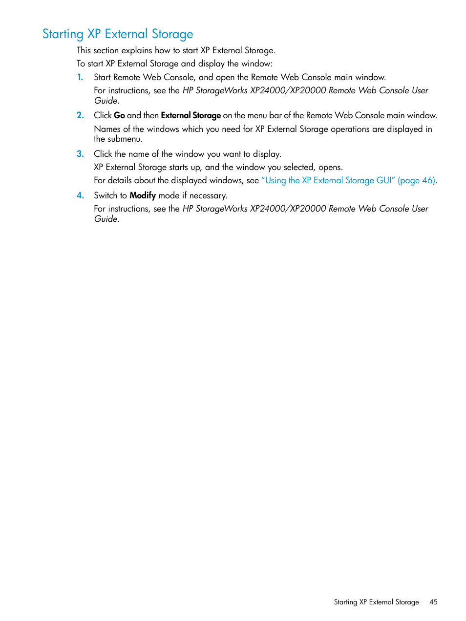 Starting xp external storage | HP XP External Storage Software User Manual | Page 45 / 170