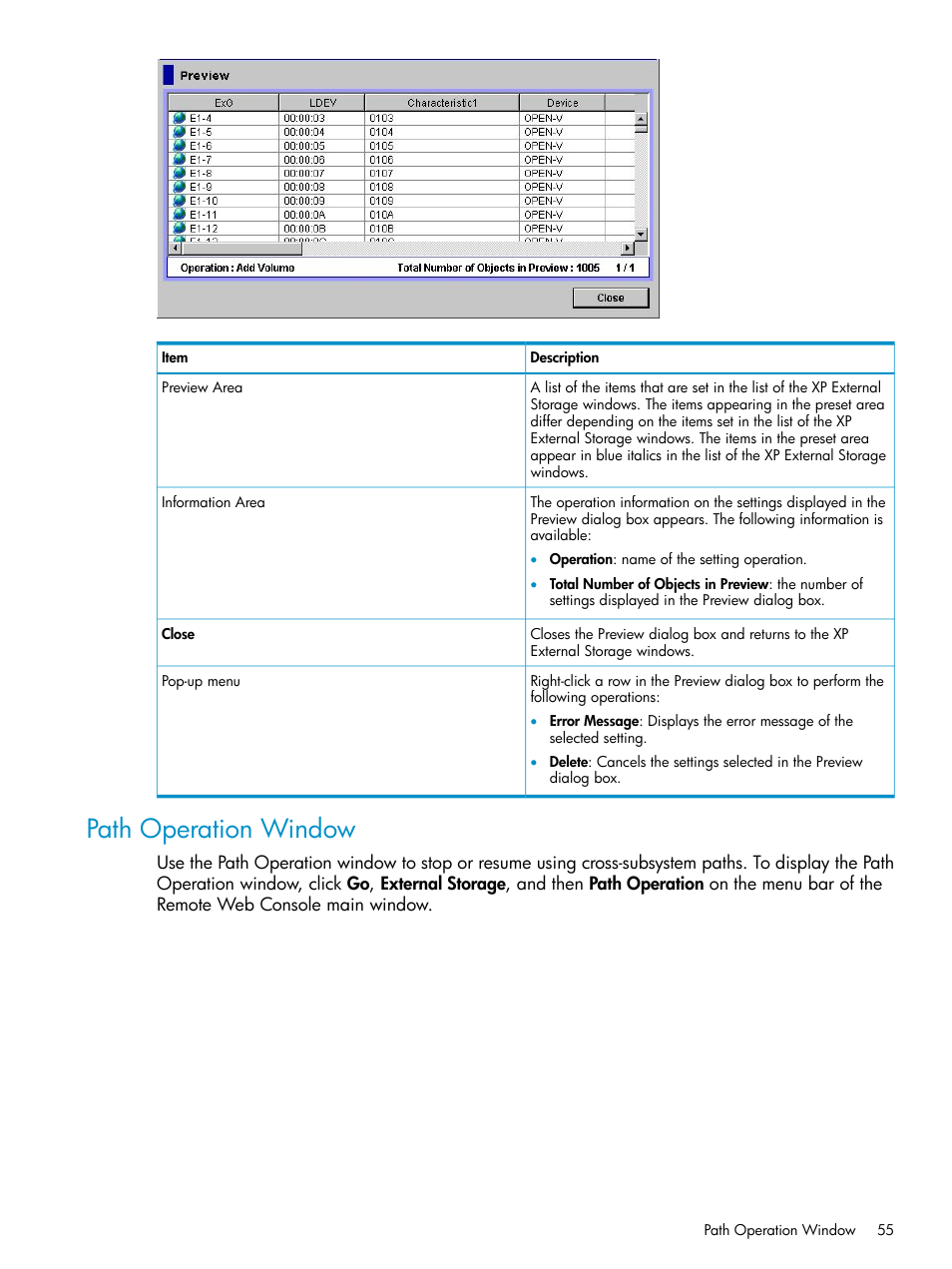 Path operation window | HP XP External Storage Software User Manual | Page 55 / 170