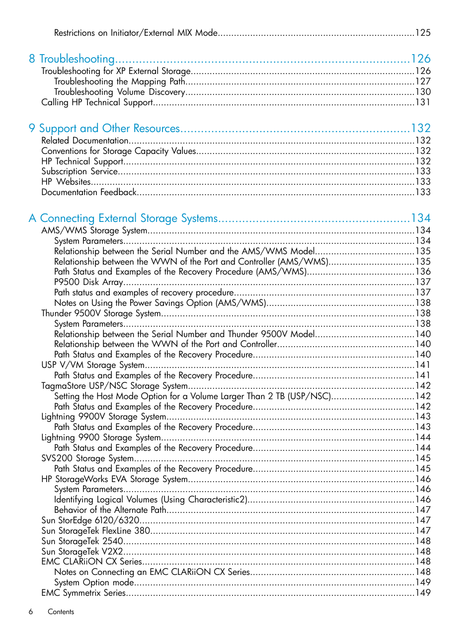 8 troubleshooting, 9 support and other resources, A connecting external storage systems | HP XP External Storage Software User Manual | Page 6 / 170