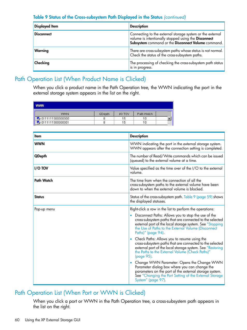 Path operation list (when product name is clicked), Path operation list (when port or wwn is clicked) | HP XP External Storage Software User Manual | Page 60 / 170