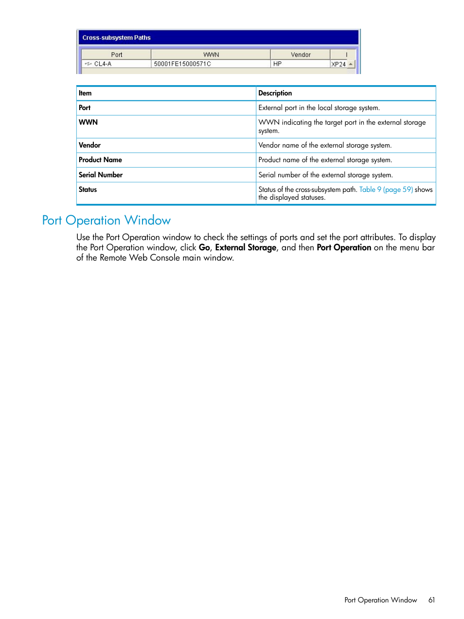 Port operation window | HP XP External Storage Software User Manual | Page 61 / 170