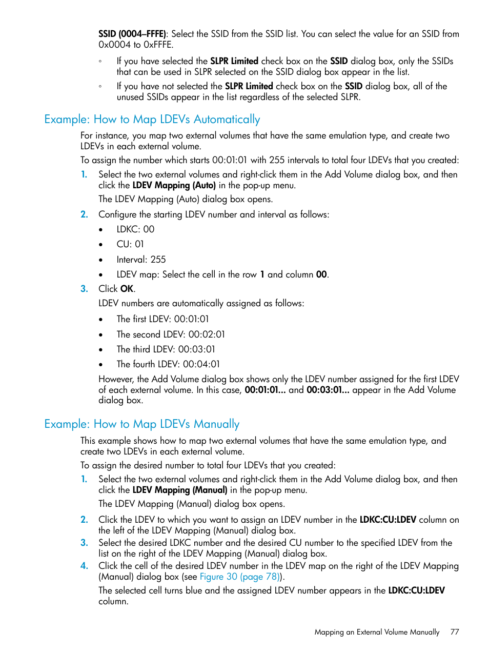 Example: how to map ldevs automatically, Example: how to map ldevs manually | HP XP External Storage Software User Manual | Page 77 / 170