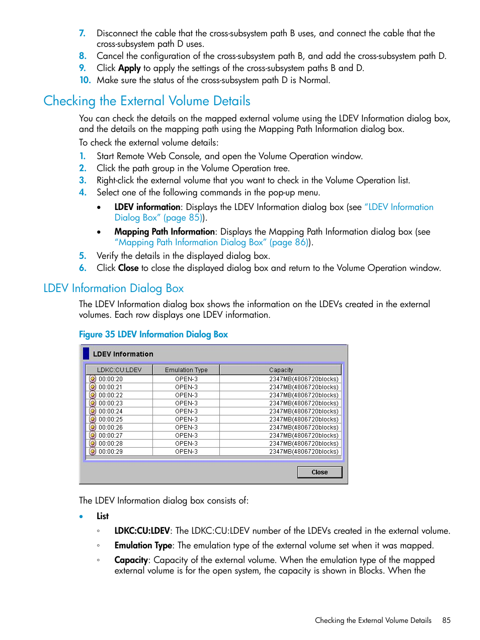 Checking the external volume details, Ldev information dialog box, Checking | Checking the external volume | HP XP External Storage Software User Manual | Page 85 / 170