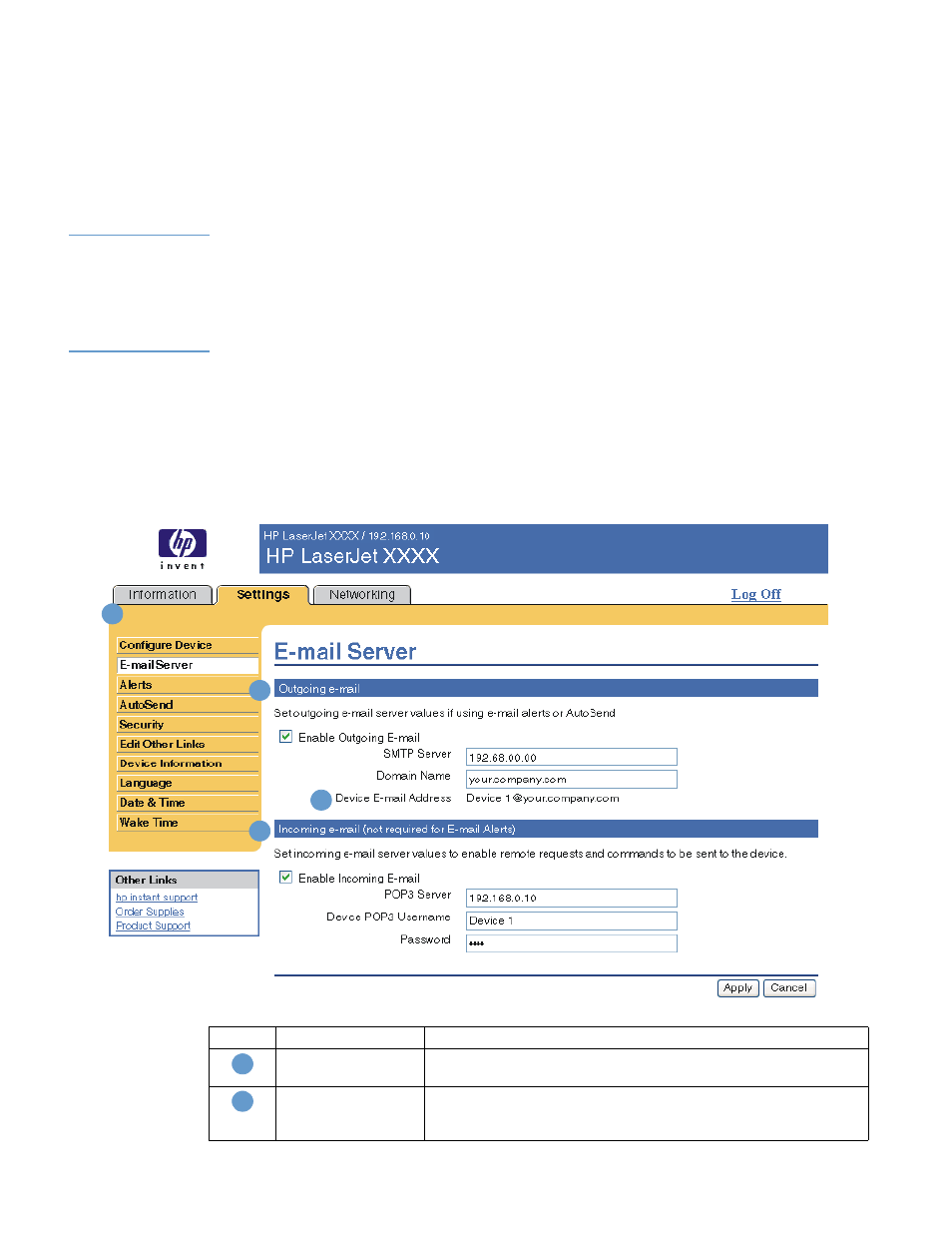 Using the menus on the configure device screen, E-mail server | HP LaserJet 9050 Printer series User Manual | Page 27 / 54
