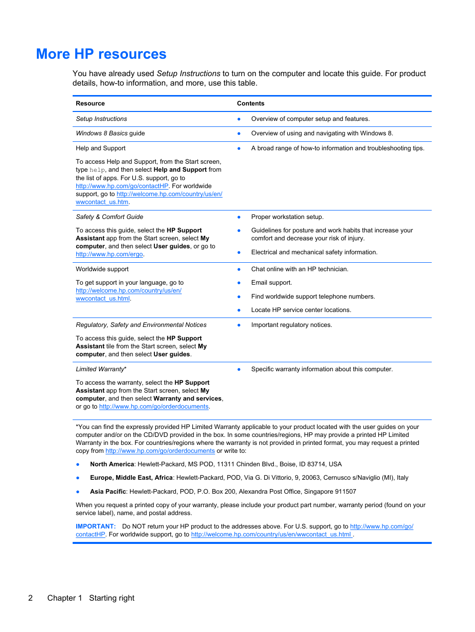 More hp resources, 2chapter 1 starting right | HP Pavilion dm1z-4300 CTO Notebook PC User Manual | Page 12 / 86