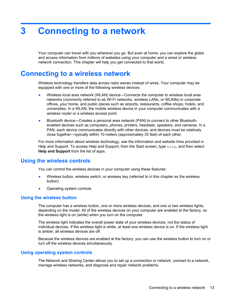 Connecting to a network, Connecting to a wireless network, Using the wireless controls | Using the wireless button, Using operating system controls, 3 connecting to a network, Connecting, 3connecting to a network | HP Pavilion dm1z-4300 CTO Notebook PC User Manual | Page 23 / 86