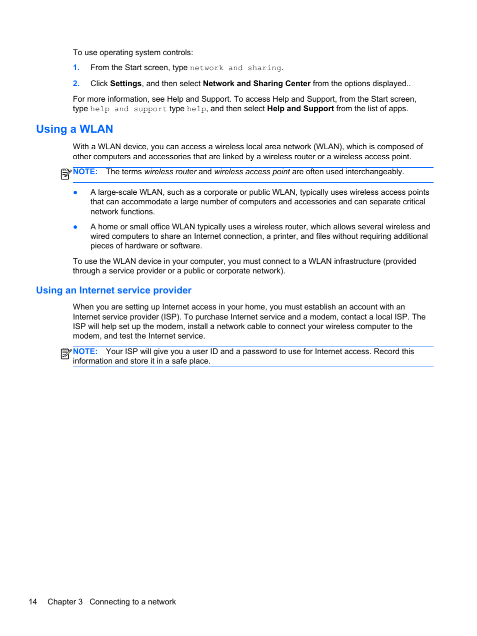 Using a wlan, Using an internet service provider | HP Pavilion dm1z-4300 CTO Notebook PC User Manual | Page 24 / 86