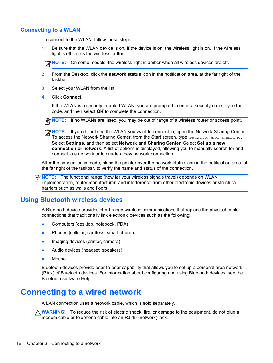 Connecting to a wlan, Using bluetooth wireless devices, Connecting to a wired network | HP Pavilion dm1z-4300 CTO Notebook PC User Manual | Page 26 / 86