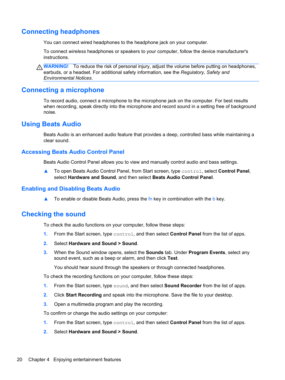 Connecting headphones, Connecting a microphone, Using beats audio | Accessing beats audio control panel, Enabling and disabling beats audio, Checking the sound | HP Pavilion dm1z-4300 CTO Notebook PC User Manual | Page 30 / 86