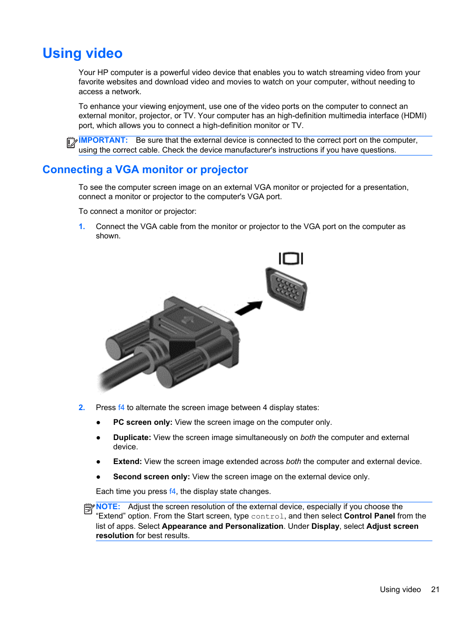 Using video, Connecting a vga monitor or projector | HP Pavilion dm1z-4300 CTO Notebook PC User Manual | Page 31 / 86