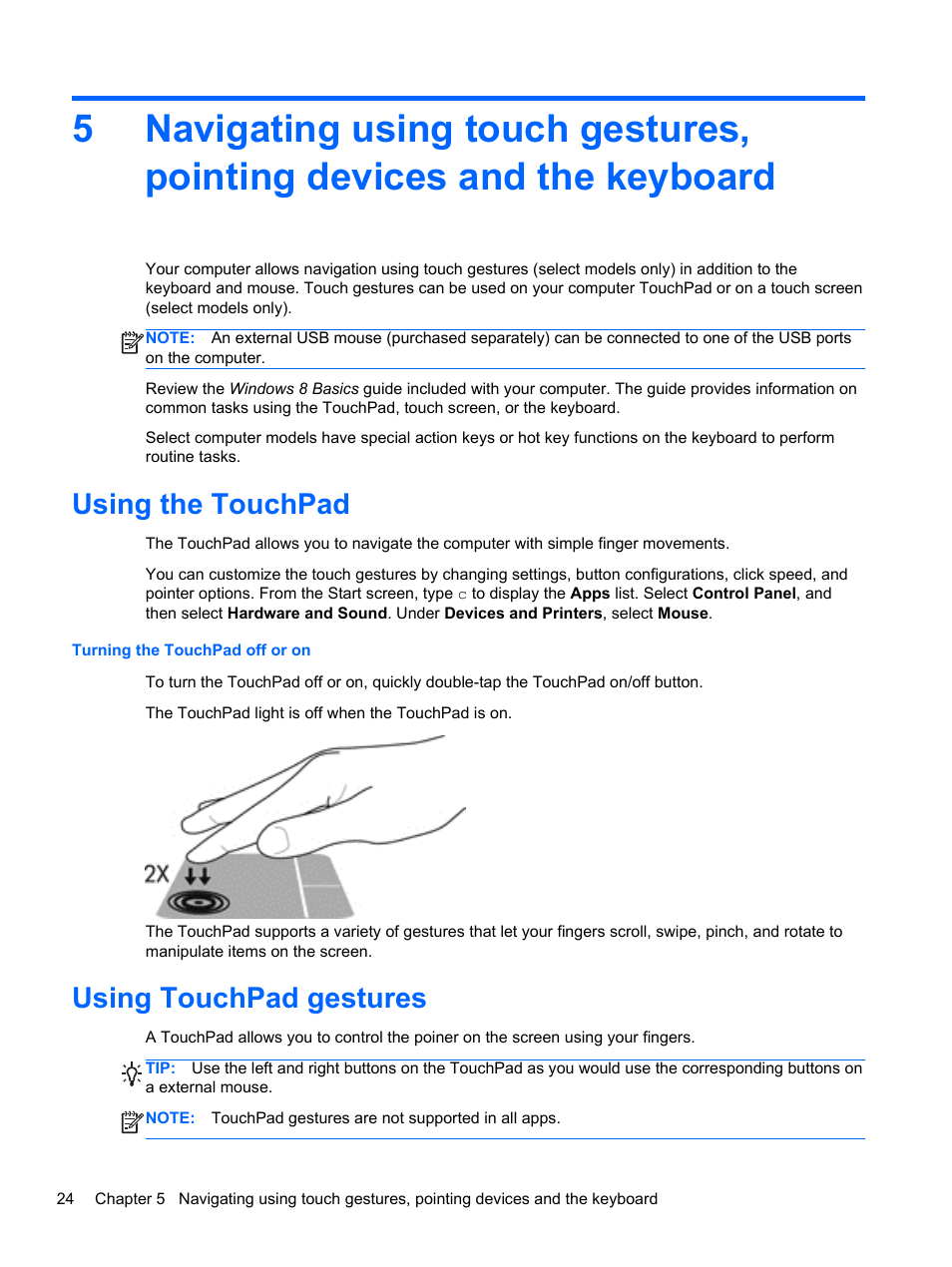 Using the touchpad, Using touchpad gestures, Using the touchpad using touchpad gestures | HP Pavilion dm1z-4300 CTO Notebook PC User Manual | Page 34 / 86