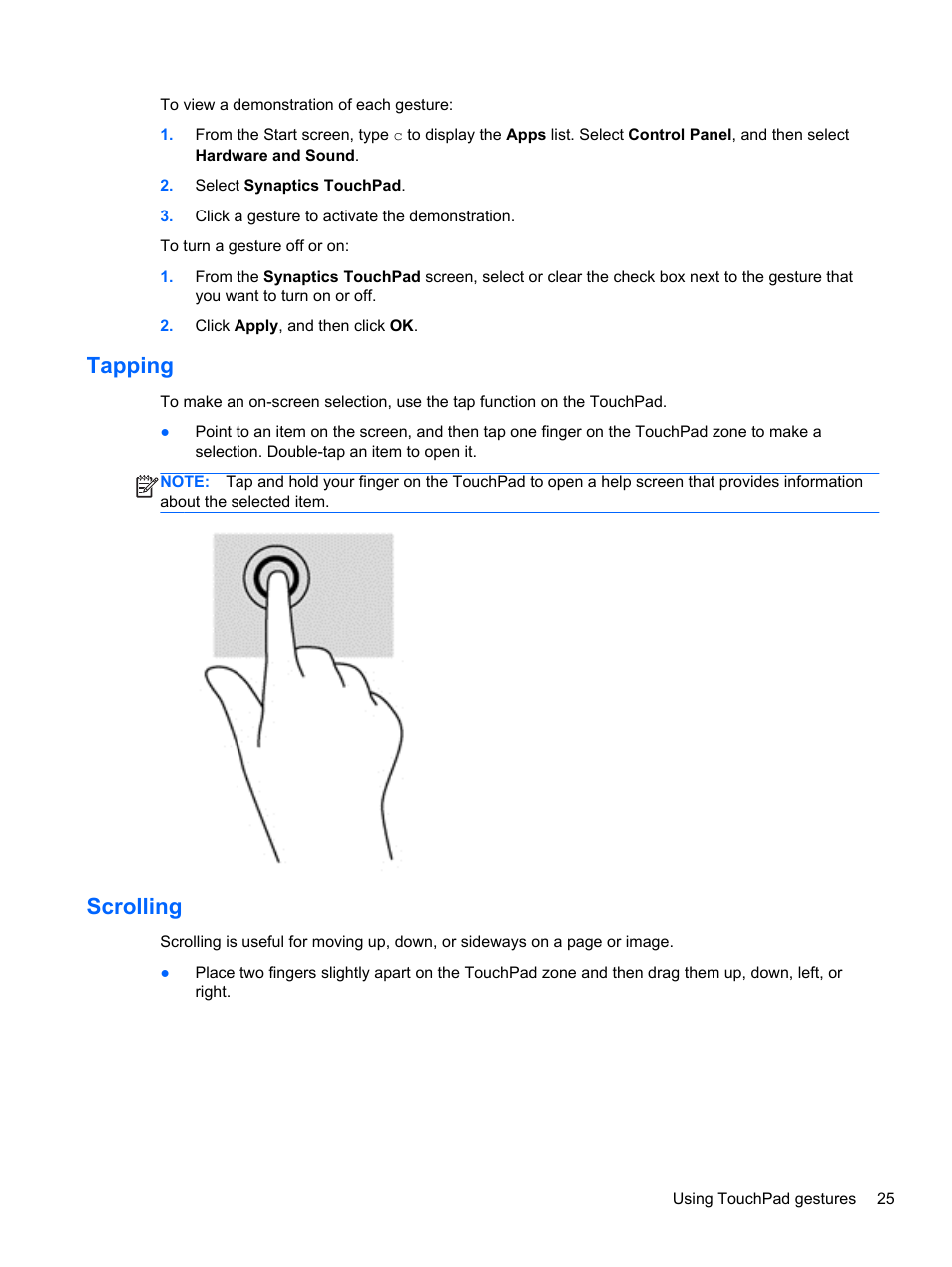 Tapping, Scrolling, Tapping scrolling | HP Pavilion dm1z-4300 CTO Notebook PC User Manual | Page 35 / 86