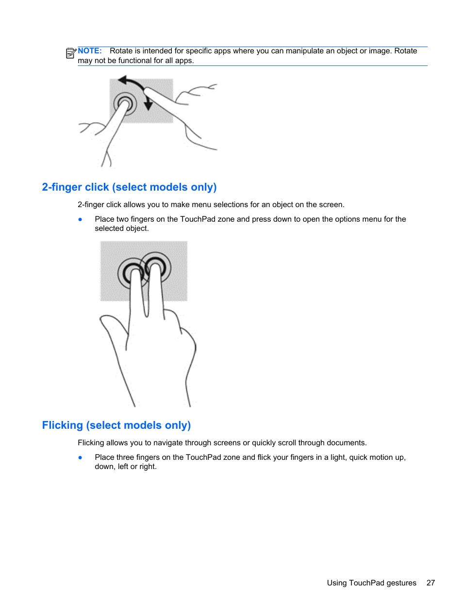 Finger click (select models only), Flicking (select models only) | HP Pavilion dm1z-4300 CTO Notebook PC User Manual | Page 37 / 86