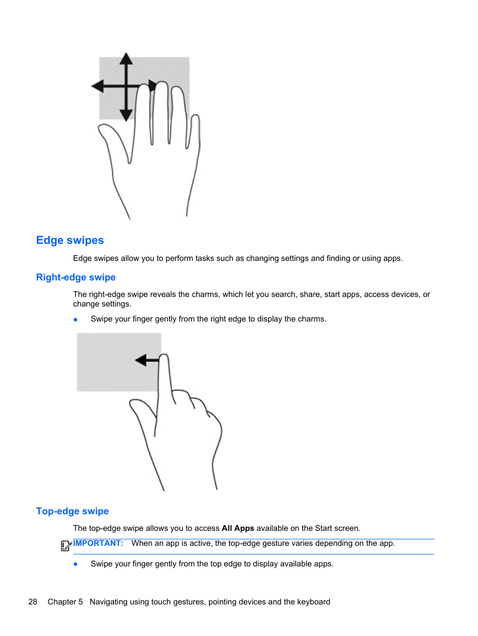 Edge swipes, Right-edge swipe, Top-edge swipe | Right-edge swipe top-edge swipe | HP Pavilion dm1z-4300 CTO Notebook PC User Manual | Page 38 / 86
