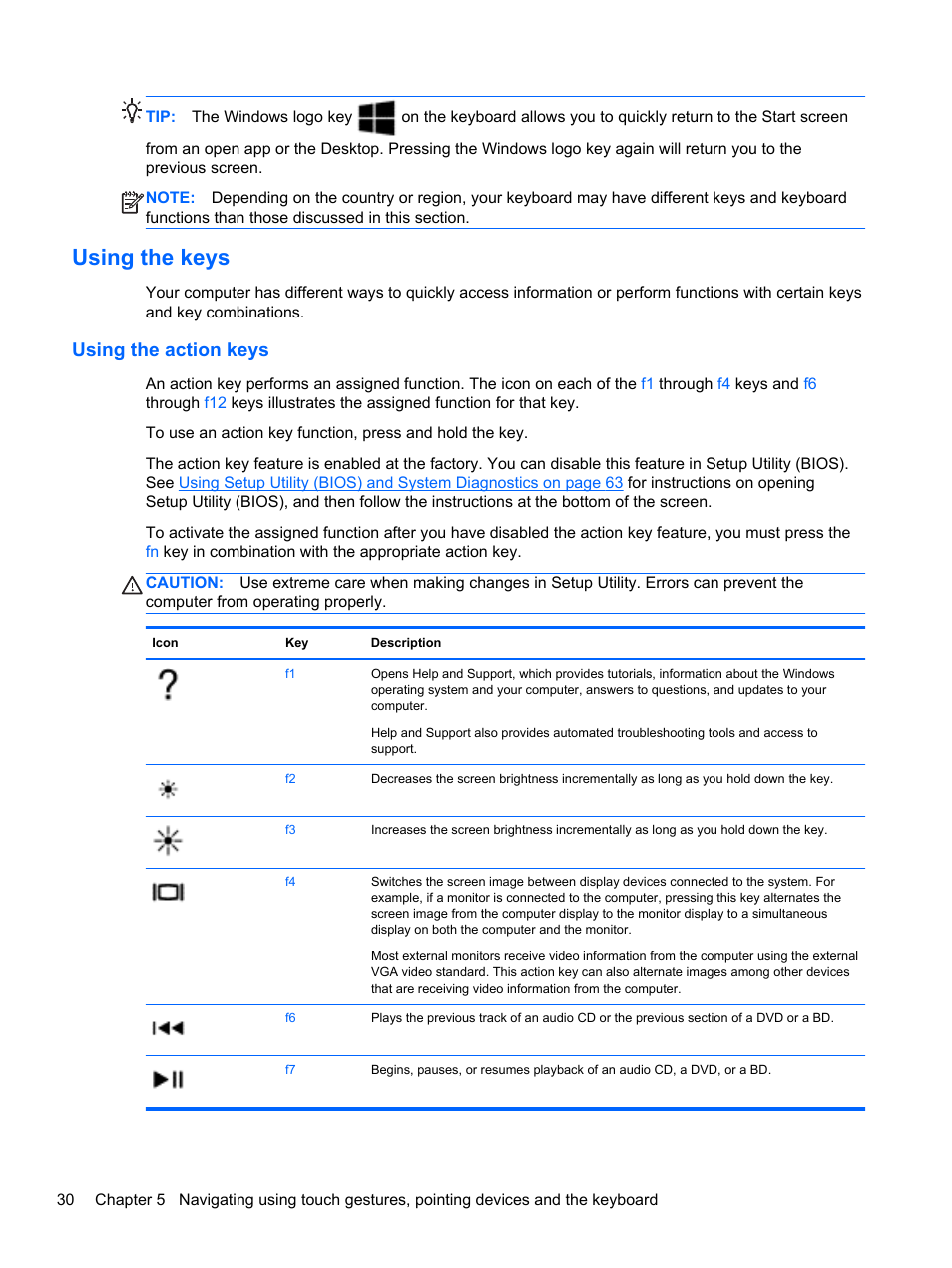 Using the keys, Using the action keys | HP Pavilion dm1z-4300 CTO Notebook PC User Manual | Page 40 / 86