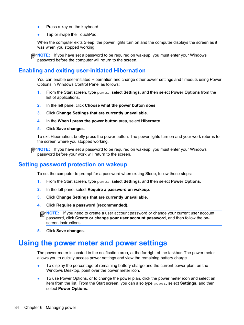 Enabling and exiting user-initiated hibernation, Setting password protection on wakeup, Using the power meter and power settings | Information, see | HP Pavilion dm1z-4300 CTO Notebook PC User Manual | Page 44 / 86