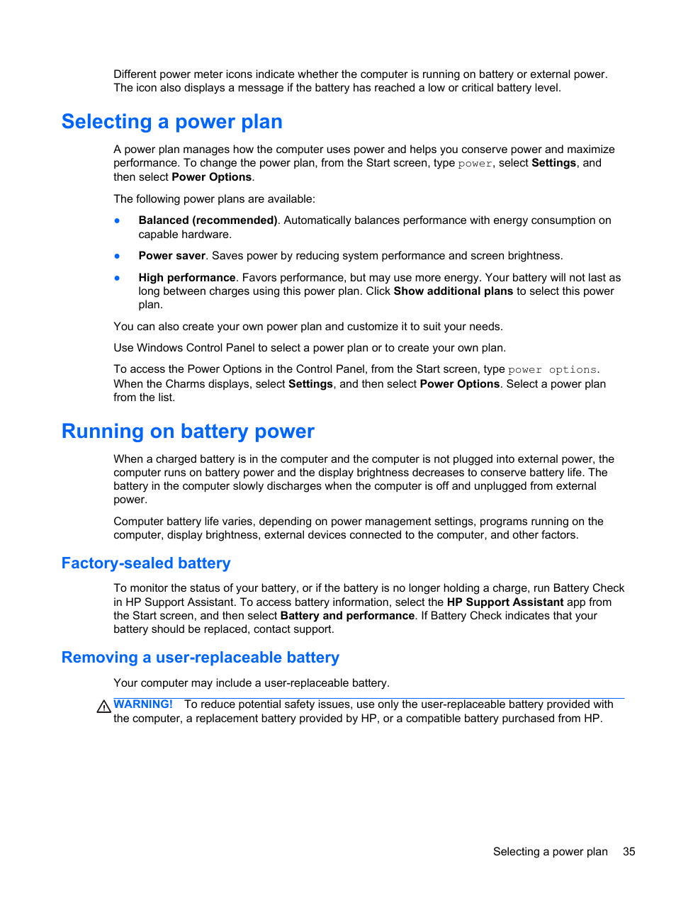 Selecting a power plan, Running on battery power, Factory-sealed battery | Removing a user-replaceable battery, Selecting a power plan running on battery power | HP Pavilion dm1z-4300 CTO Notebook PC User Manual | Page 45 / 86