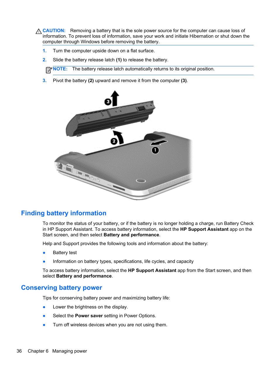 Finding battery information, Conserving battery power | HP Pavilion dm1z-4300 CTO Notebook PC User Manual | Page 46 / 86