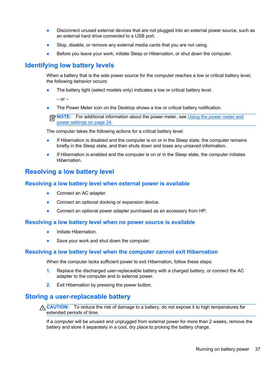 Identifying low battery levels, Resolving a low battery level, Storing a user-replaceable battery | HP Pavilion dm1z-4300 CTO Notebook PC User Manual | Page 47 / 86