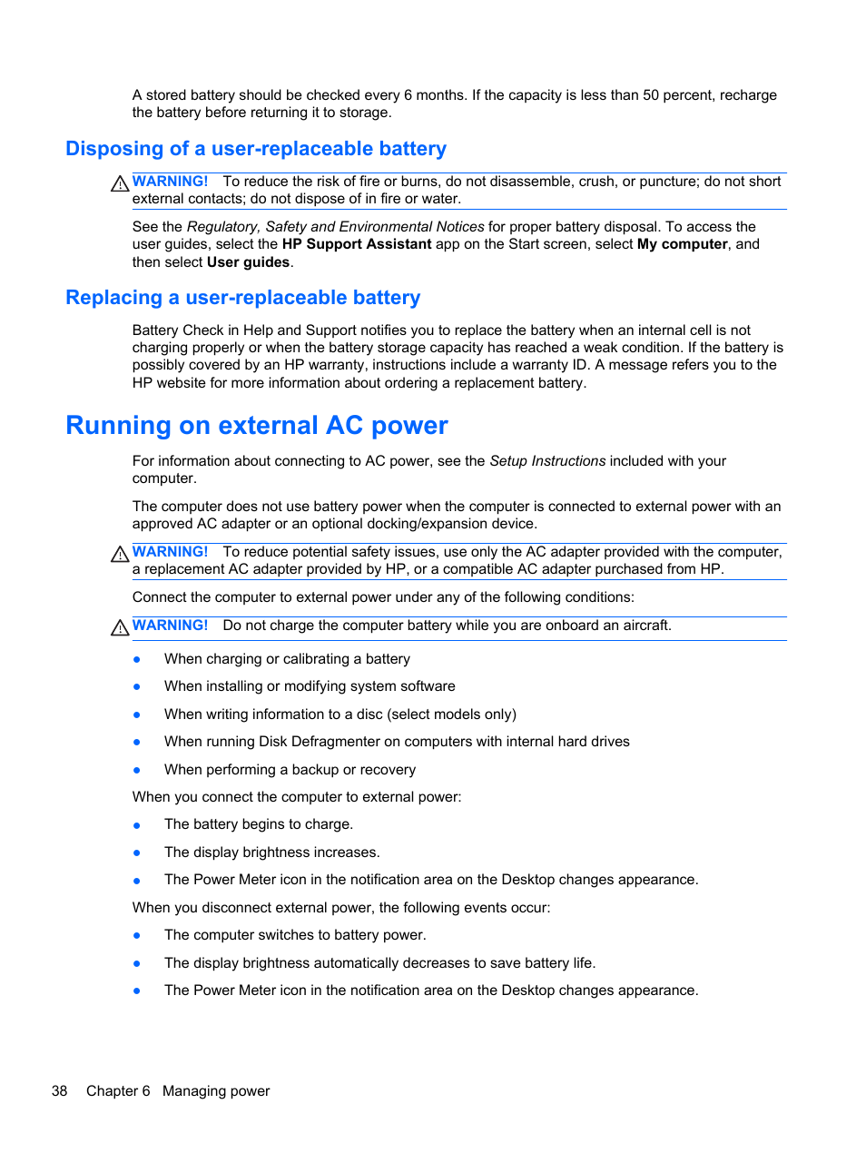 Disposing of a user-replaceable battery, Replacing a user-replaceable battery, Running on external ac power | HP Pavilion dm1z-4300 CTO Notebook PC User Manual | Page 48 / 86