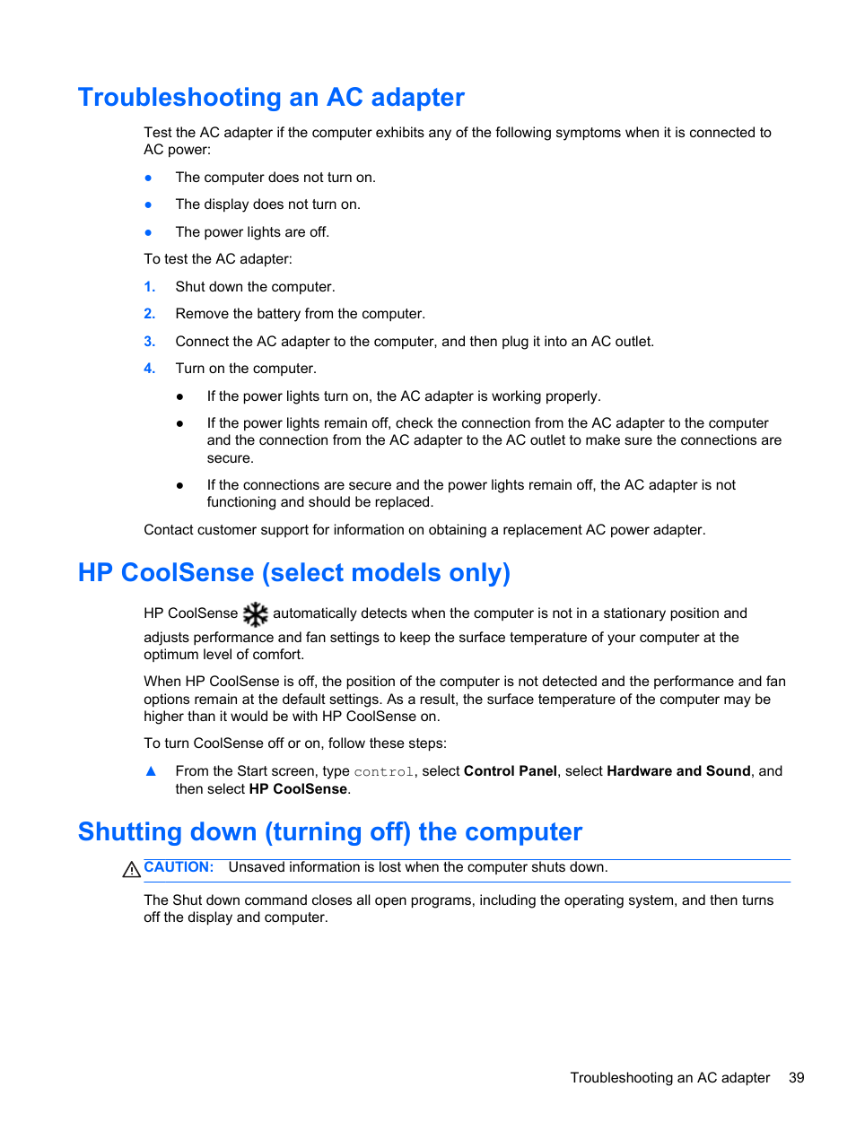 Troubleshooting an ac adapter, Hp coolsense (select models only), Shutting down (turning off) the computer | HP Pavilion dm1z-4300 CTO Notebook PC User Manual | Page 49 / 86