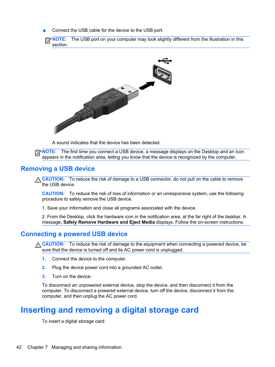 Removing a usb device, Connecting a powered usb device, Inserting and removing a digital storage card | HP Pavilion dm1z-4300 CTO Notebook PC User Manual | Page 52 / 86