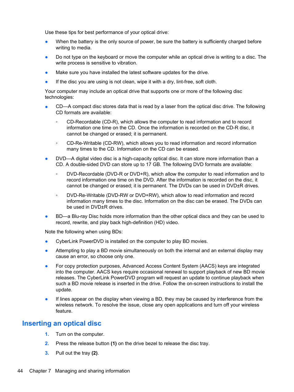 Inserting an optical disc | HP Pavilion dm1z-4300 CTO Notebook PC User Manual | Page 54 / 86