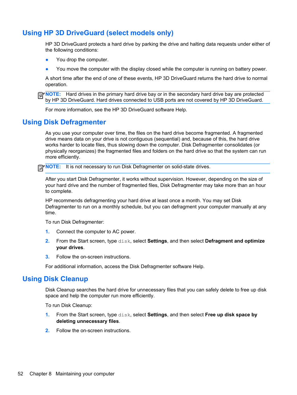Using hp 3d driveguard (select models only), Using disk defragmenter, Using disk cleanup | HP Pavilion dm1z-4300 CTO Notebook PC User Manual | Page 62 / 86