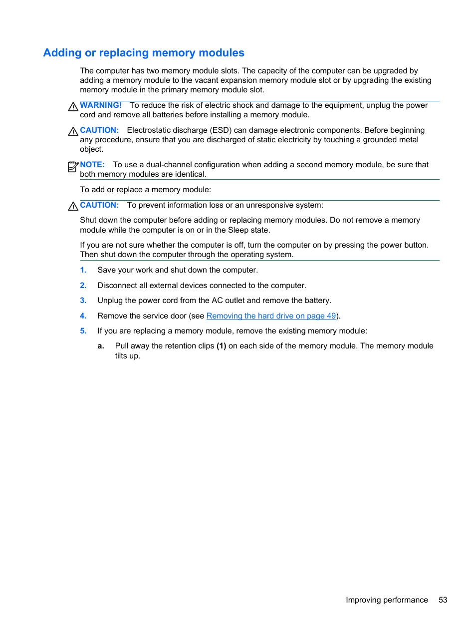 Adding or replacing memory modules | HP Pavilion dm1z-4300 CTO Notebook PC User Manual | Page 63 / 86