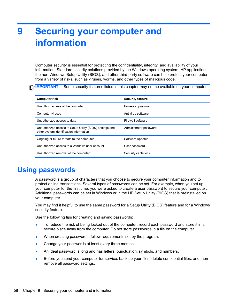 Securing your computer and information, Using passwords, 9 securing your computer and information | 9securing your computer and information | HP Pavilion dm1z-4300 CTO Notebook PC User Manual | Page 68 / 86