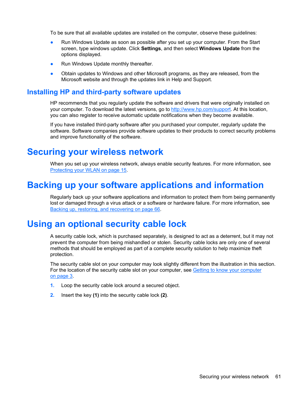 Installing hp and third-party software updates, Securing your wireless network, Using an optional security cable lock | HP Pavilion dm1z-4300 CTO Notebook PC User Manual | Page 71 / 86