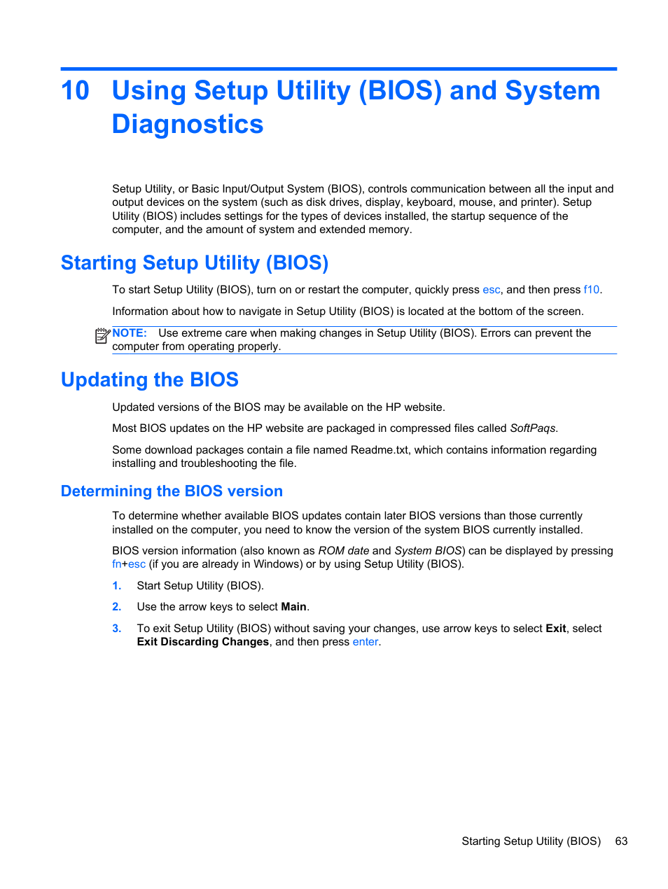 Using setup utility (bios) and system diagnostics, Starting setup utility (bios), Updating the bios | Determining the bios version, Starting setup utility (bios) updating the bios | HP Pavilion dm1z-4300 CTO Notebook PC User Manual | Page 73 / 86