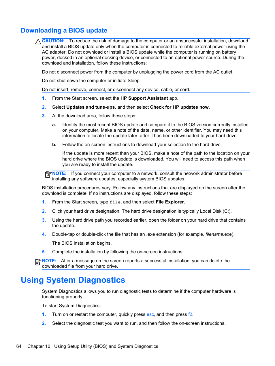Downloading a bios update, Using system diagnostics | HP Pavilion dm1z-4300 CTO Notebook PC User Manual | Page 74 / 86