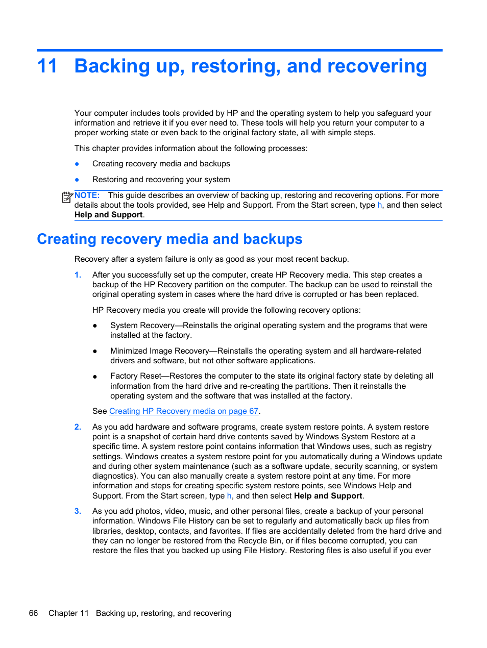 Backing up, restoring, and recovering, Creating recovery media and backups, 11 backing up, restoring, and recovering | Backing up | HP Pavilion dm1z-4300 CTO Notebook PC User Manual | Page 76 / 86