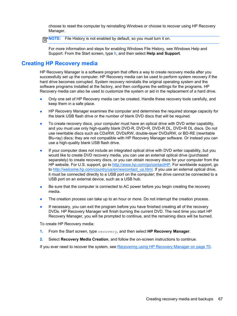 Creating hp recovery media | HP Pavilion dm1z-4300 CTO Notebook PC User Manual | Page 77 / 86