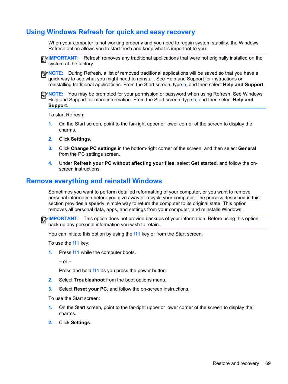Using windows refresh for quick and easy recovery, Remove everything and reinstall windows | HP Pavilion dm1z-4300 CTO Notebook PC User Manual | Page 79 / 86