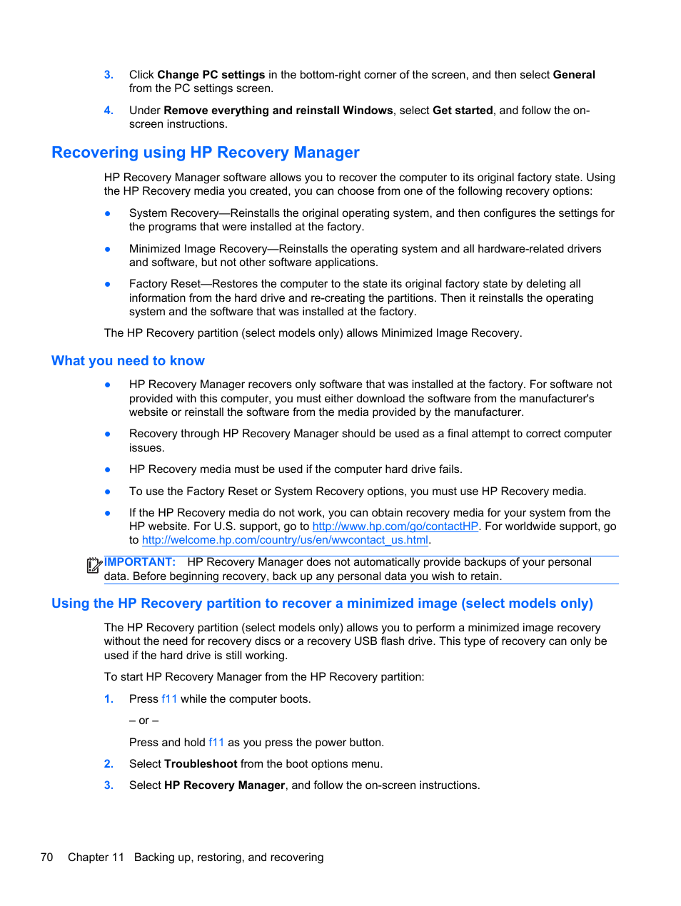 Recovering using hp recovery manager, What you need to know | HP Pavilion dm1z-4300 CTO Notebook PC User Manual | Page 80 / 86