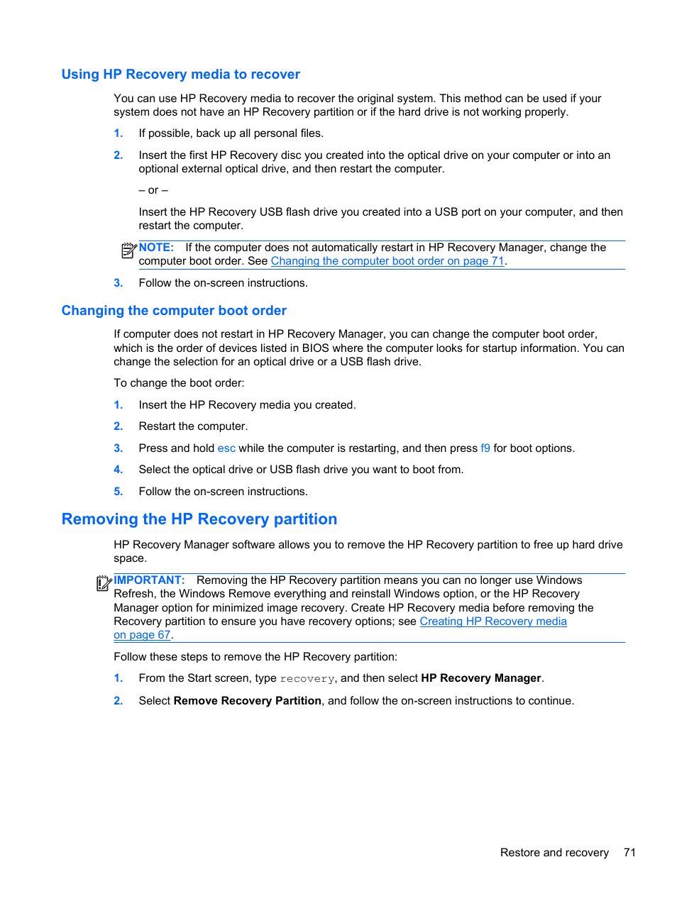 Using hp recovery media to recover, Changing the computer boot order, Removing the hp recovery partition | HP Pavilion dm1z-4300 CTO Notebook PC User Manual | Page 81 / 86