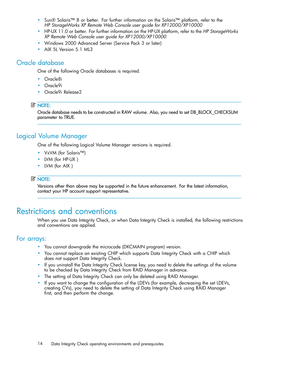 Oracle database, Logical volume manager, Restrictions and conventions | For arrays | HP StorageWorks XP Remote Web Console Software User Manual | Page 14 / 17