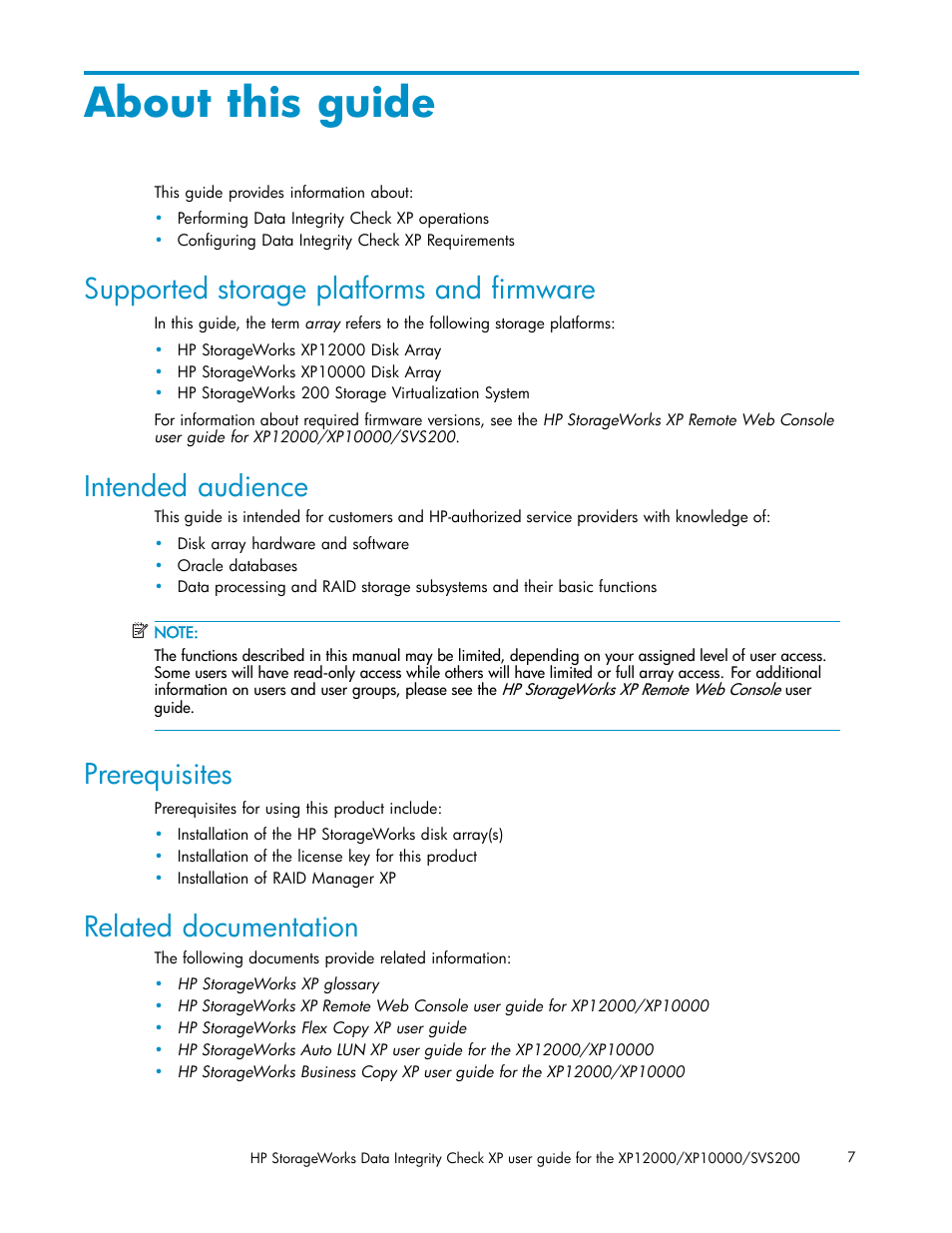 About this guide, Supported storage platforms and firmware, Intended audience | Prerequisites, Related documentation | HP StorageWorks XP Remote Web Console Software User Manual | Page 7 / 17