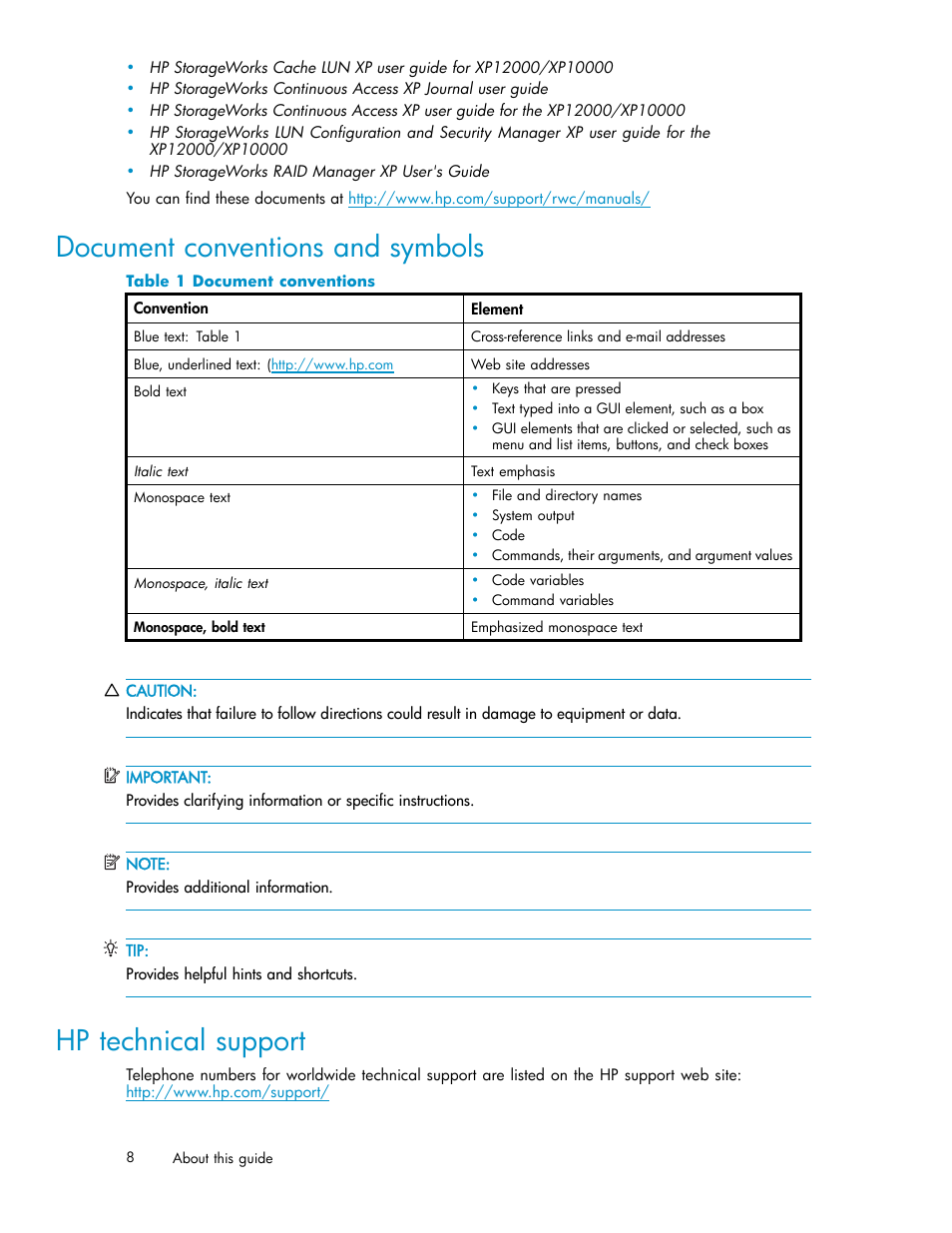 Document conventions and symbols, Hp technical support, Document conventions | HP StorageWorks XP Remote Web Console Software User Manual | Page 8 / 17