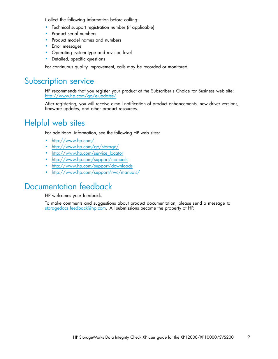 Subscription service, Helpful web sites, Documentation feedback | HP StorageWorks XP Remote Web Console Software User Manual | Page 9 / 17