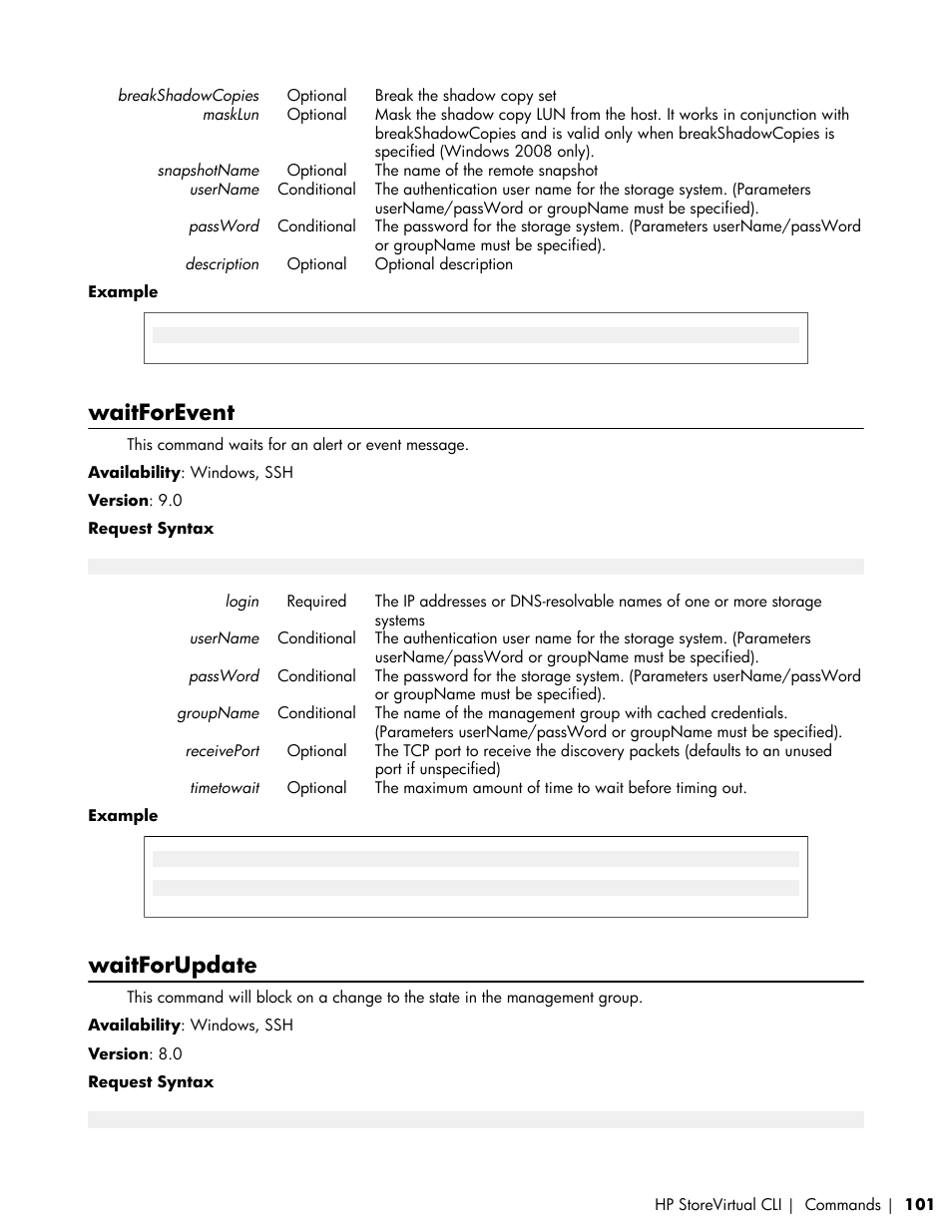Waitforevent, Waitforupdate | HP LeftHand P4000 SAN Solutions User Manual | Page 101 / 102