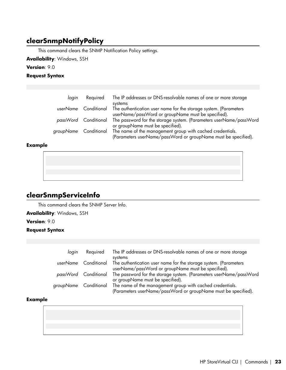 Clearsnmpnotifypolicy, Clearsnmpserviceinfo | HP LeftHand P4000 SAN Solutions User Manual | Page 23 / 102