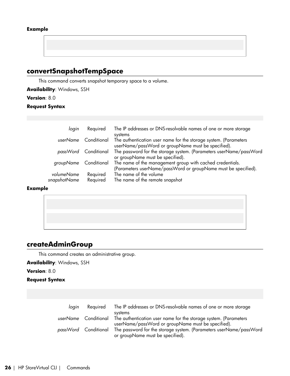 Convertsnapshottempspace, Createadmingroup | HP LeftHand P4000 SAN Solutions User Manual | Page 26 / 102