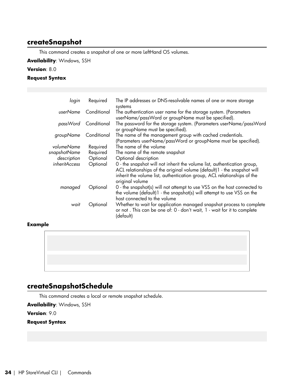 Createsnapshot, Createsnapshotschedule | HP LeftHand P4000 SAN Solutions User Manual | Page 34 / 102